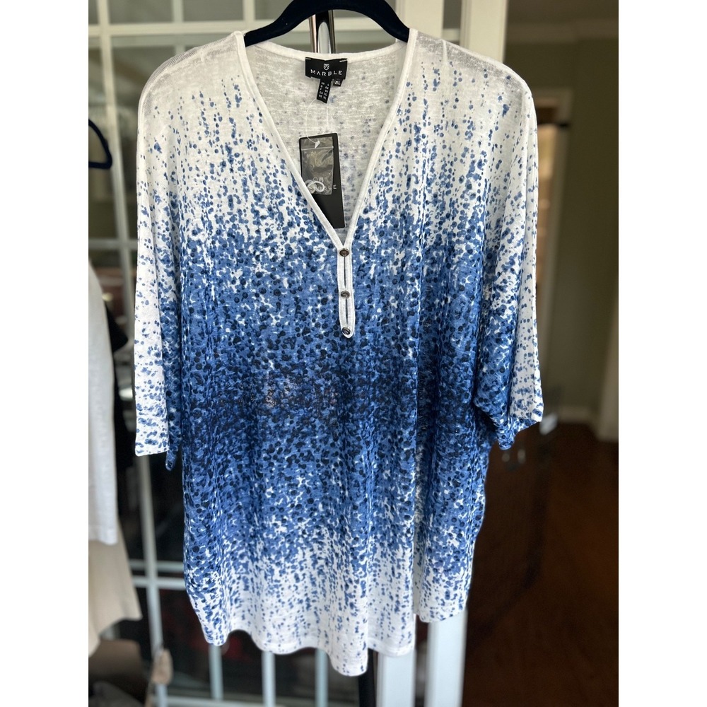 NWT Marble Fashions Co UK Blue White V neck tunic 3/4 sleeves XL